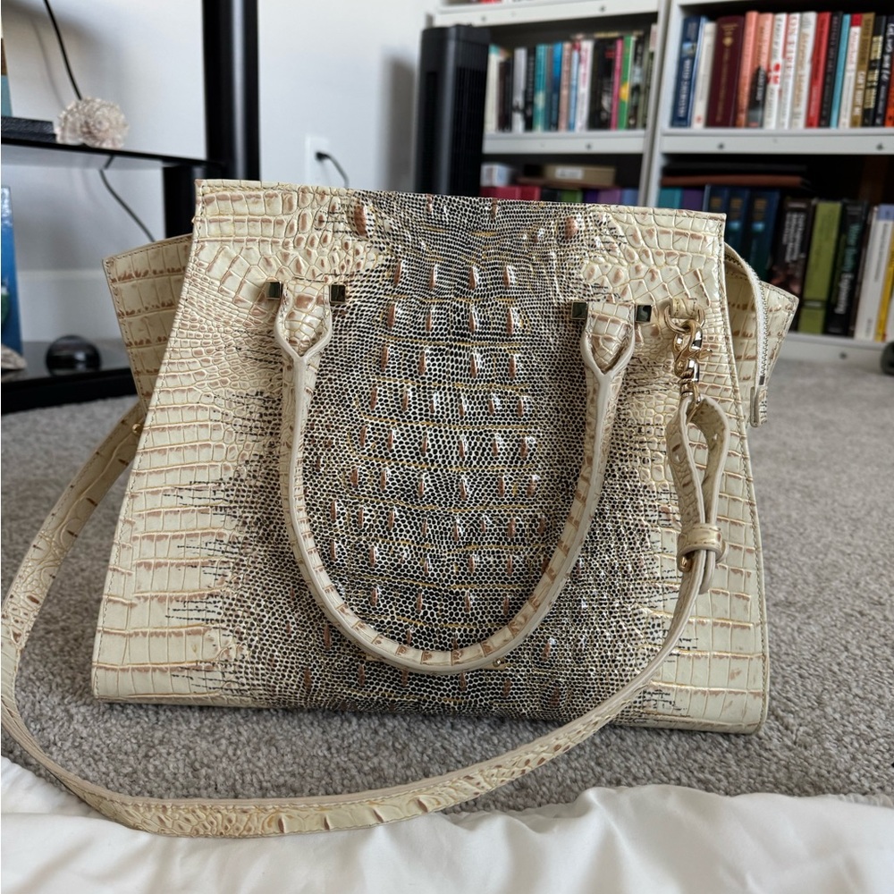 Brahmin Cream and Gray Croc-Embossed Satchel